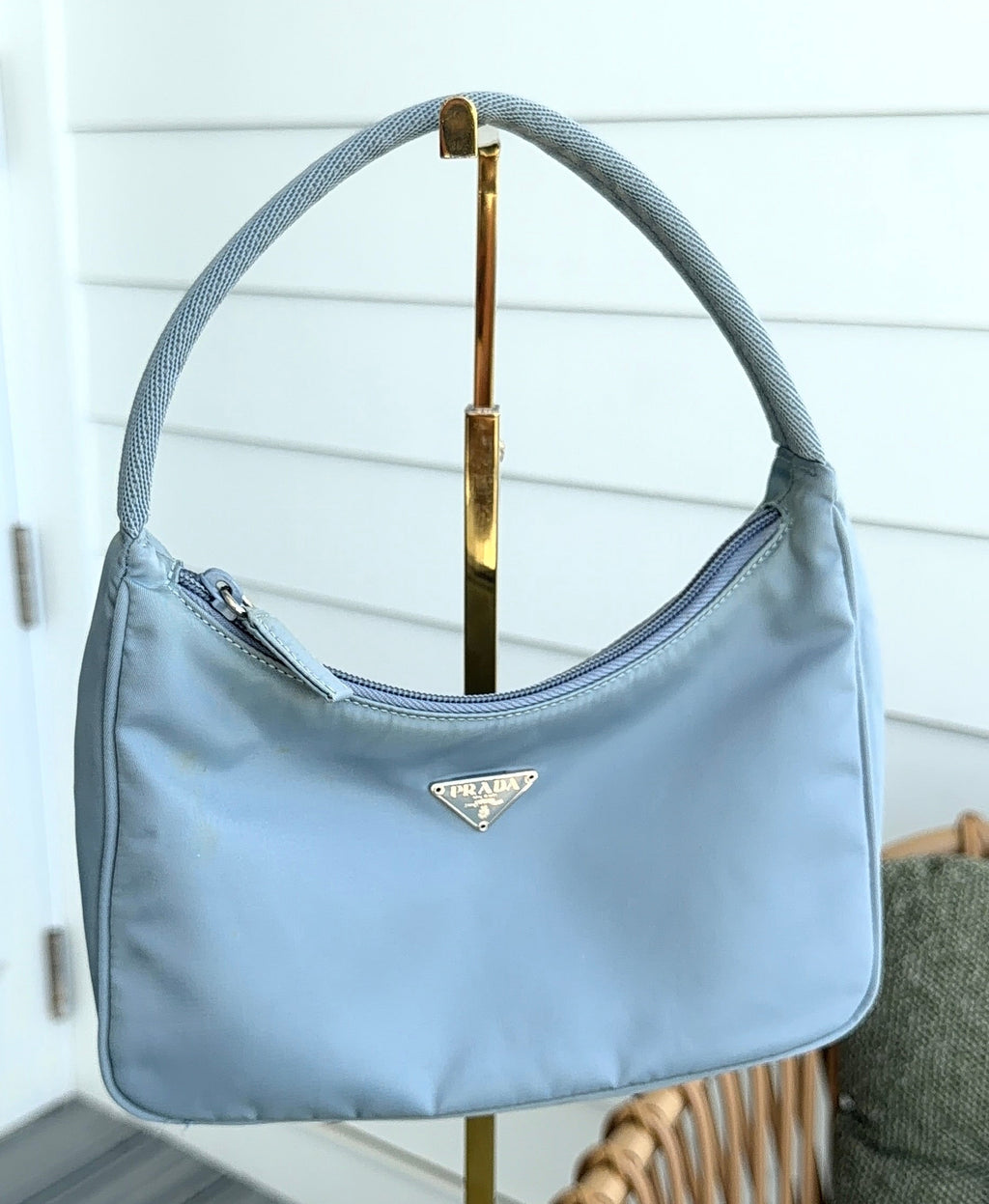 Vintage Prada Tessuto Nylon Mini Hobo Bag in Blue Gray