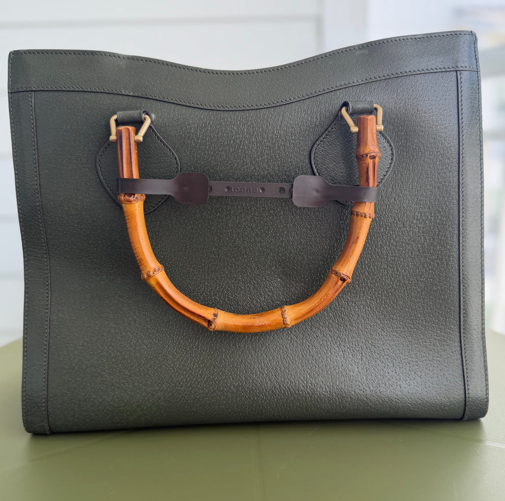 Vintage Gucci Large Diana Bamboo Tote in Forest Green Leather