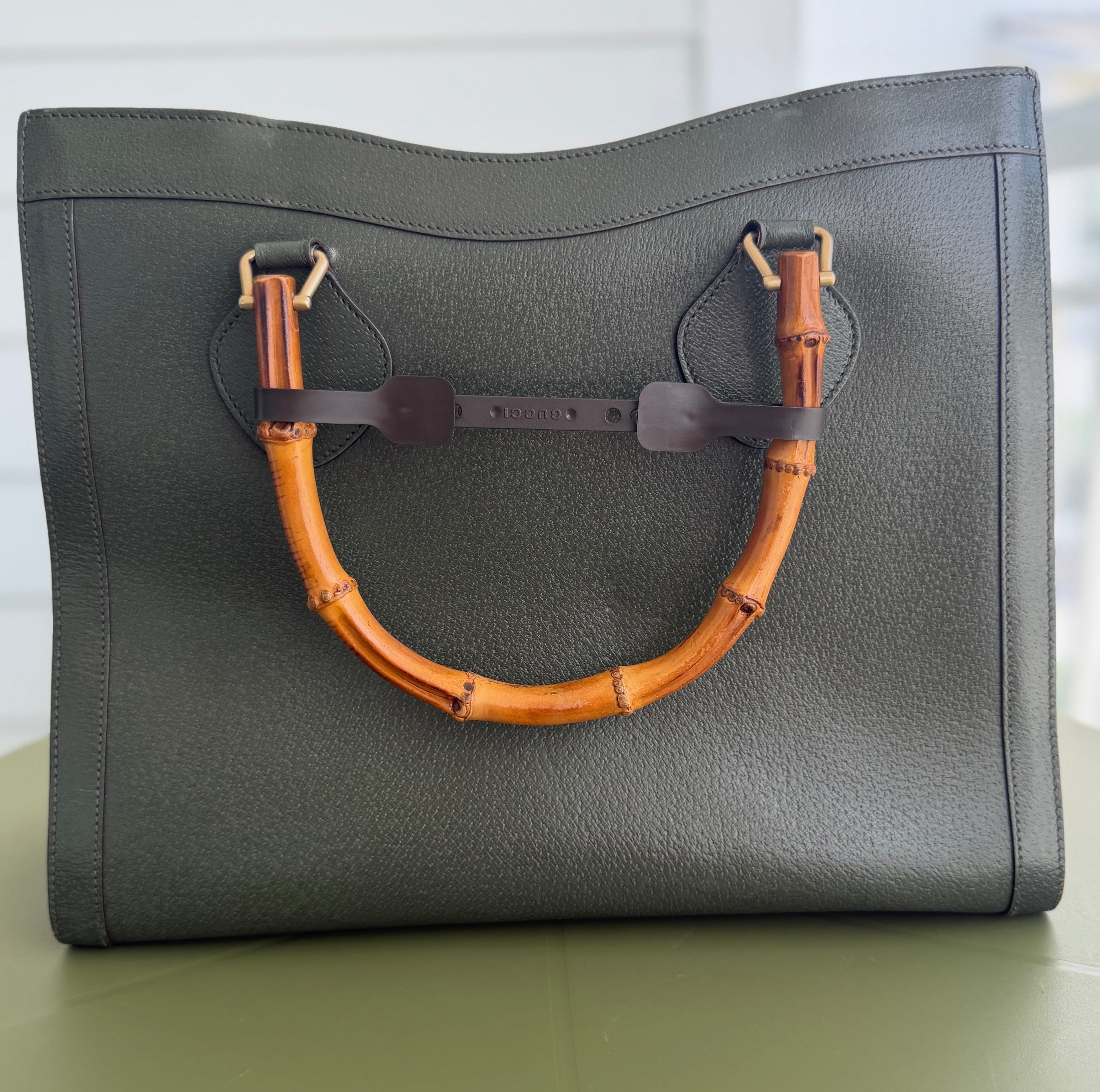 Vintage Gucci Large Diana Bamboo Tote in Forest Green Leather
