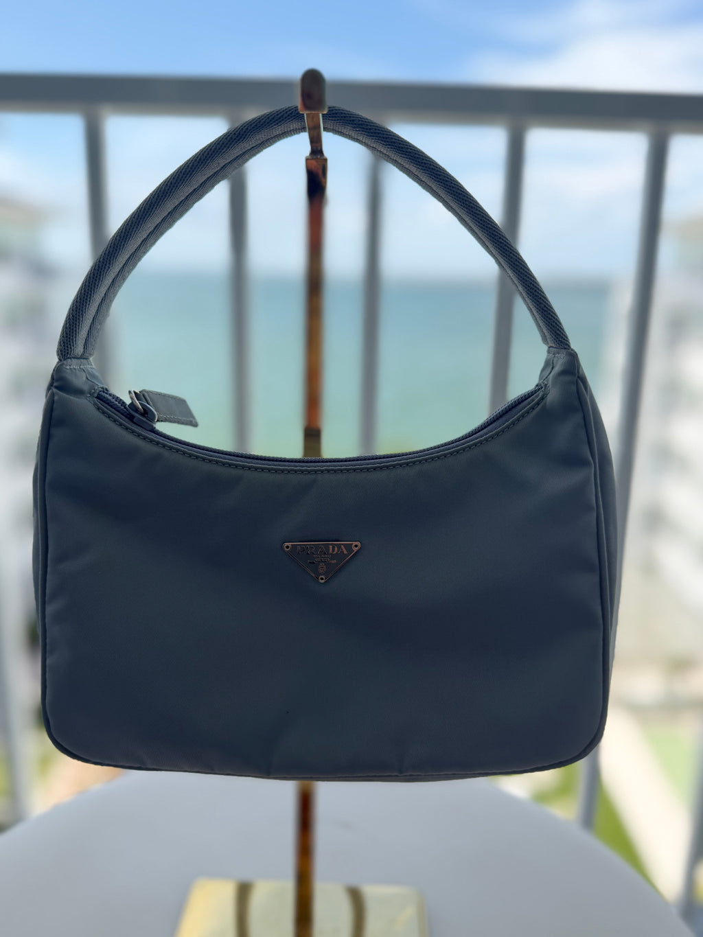 Vintage Prada Tessuto Nylon Mini Hobo Bag in Blue Gray