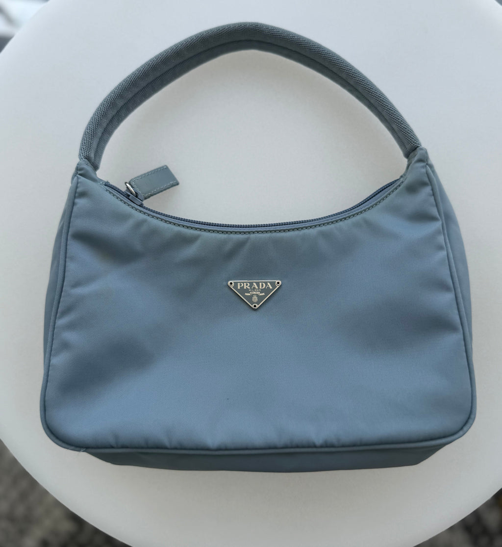 Vintage Prada Tessuto Nylon Mini Hobo Bag in Blue Gray