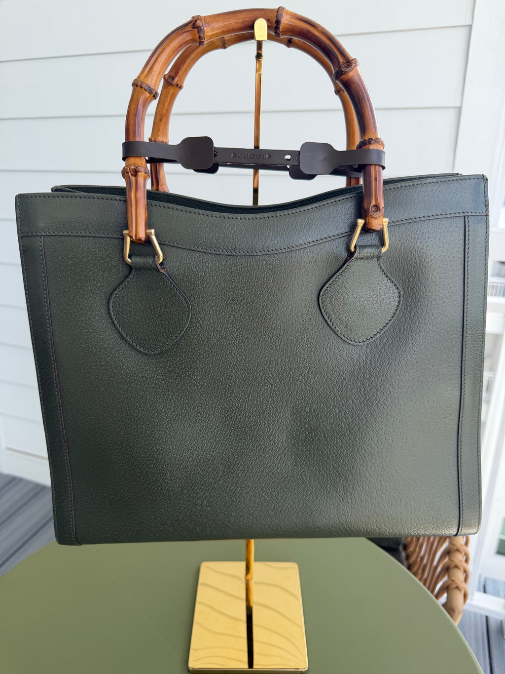 Vintage Gucci Large Diana Bamboo Tote in Forest Green Leather