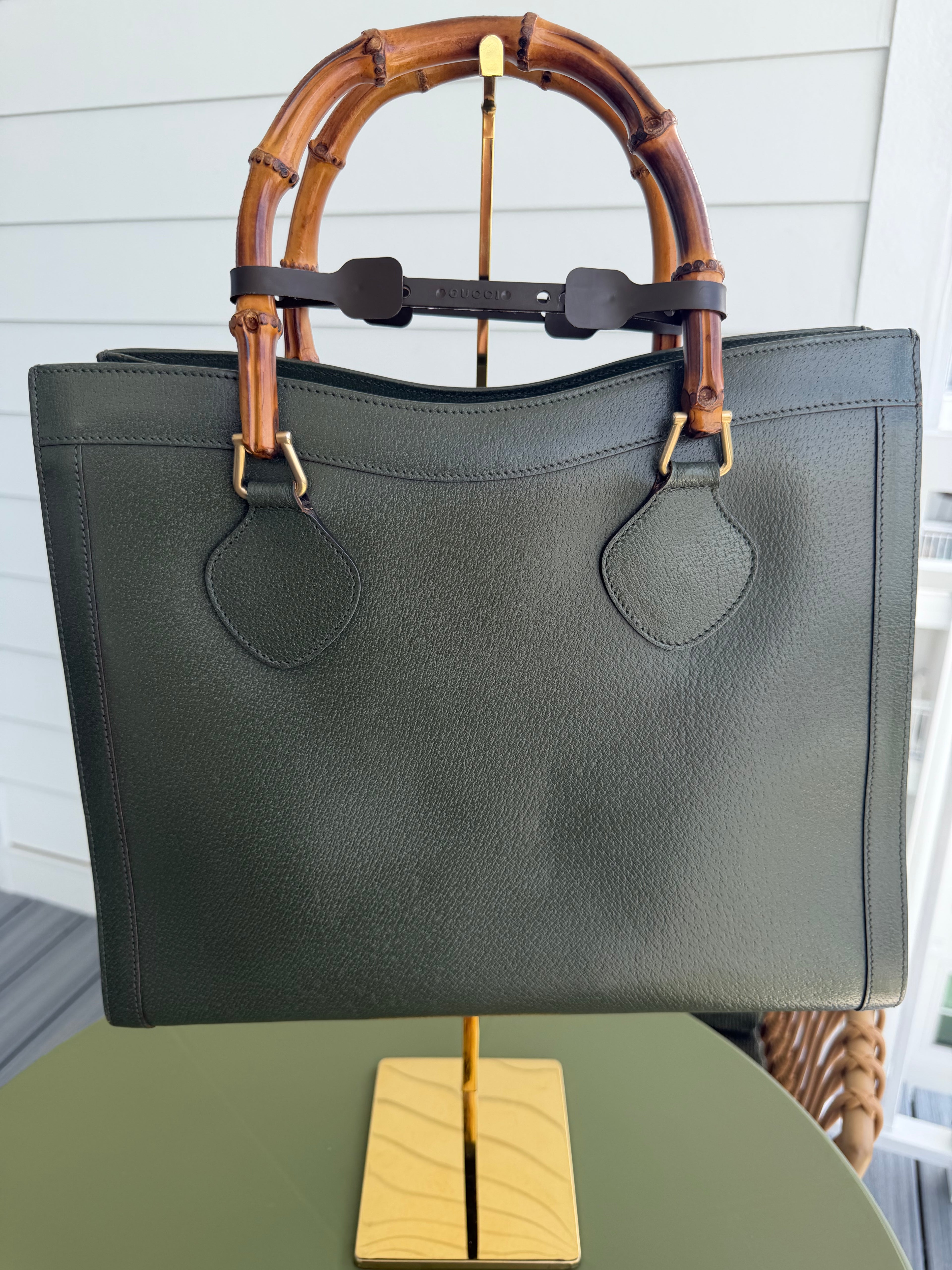 Vintage Gucci Large Diana Bamboo Tote in Forest Green Leather