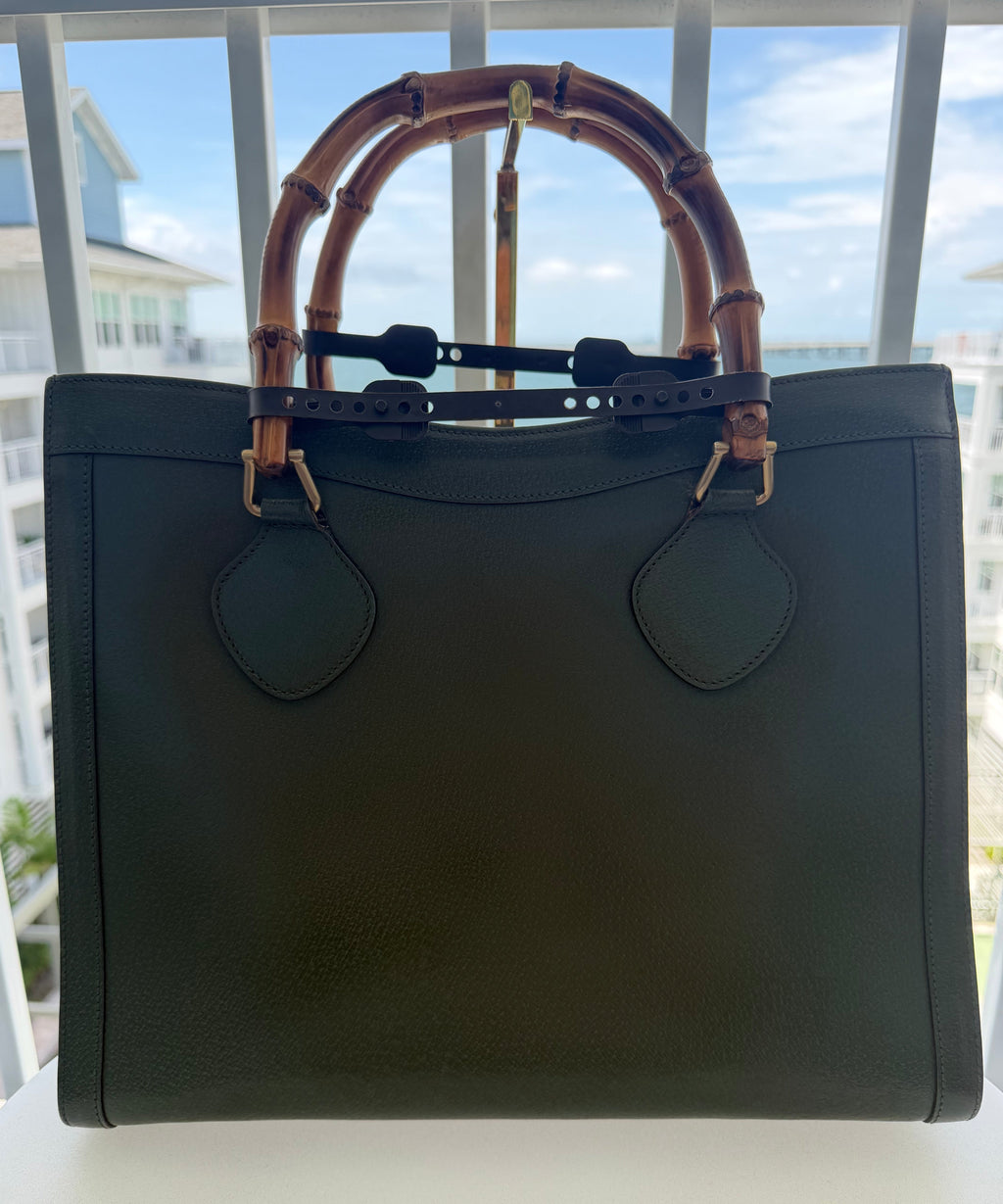 Vintage Gucci Large Diana Bamboo Tote in Forest Green Leather
