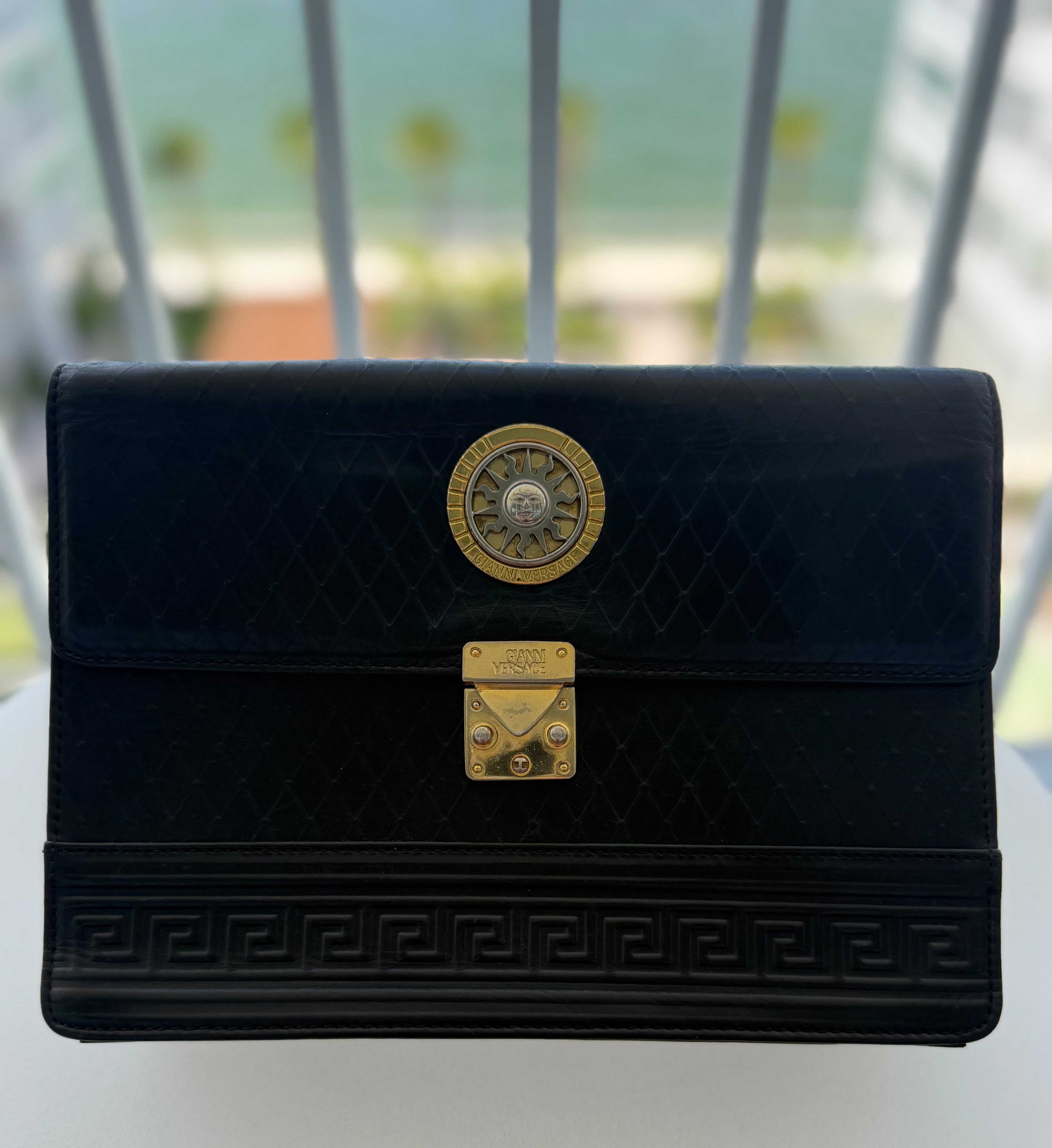 Vintage Gianni Versace Black Leather Medusa Clutch